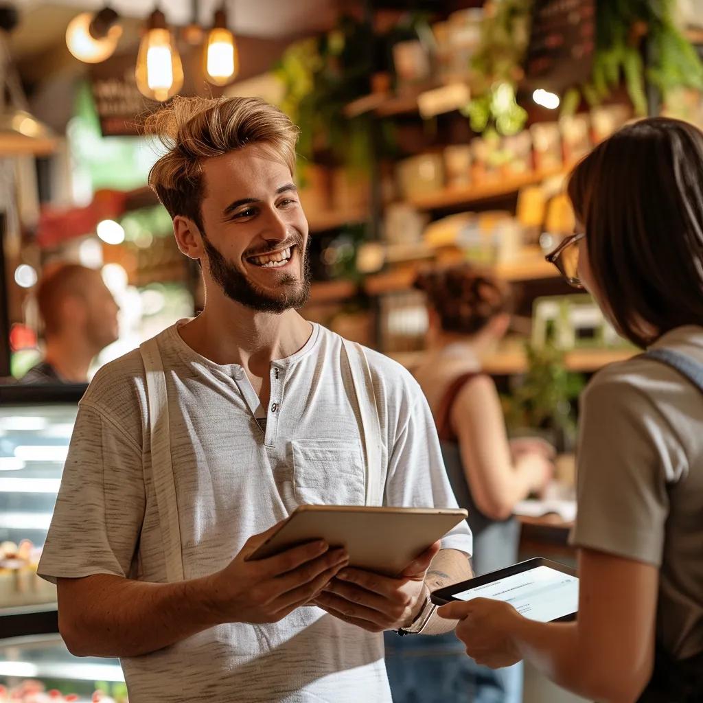 Business owner engaging with customers while using Google Local Service Ads on a tablet
