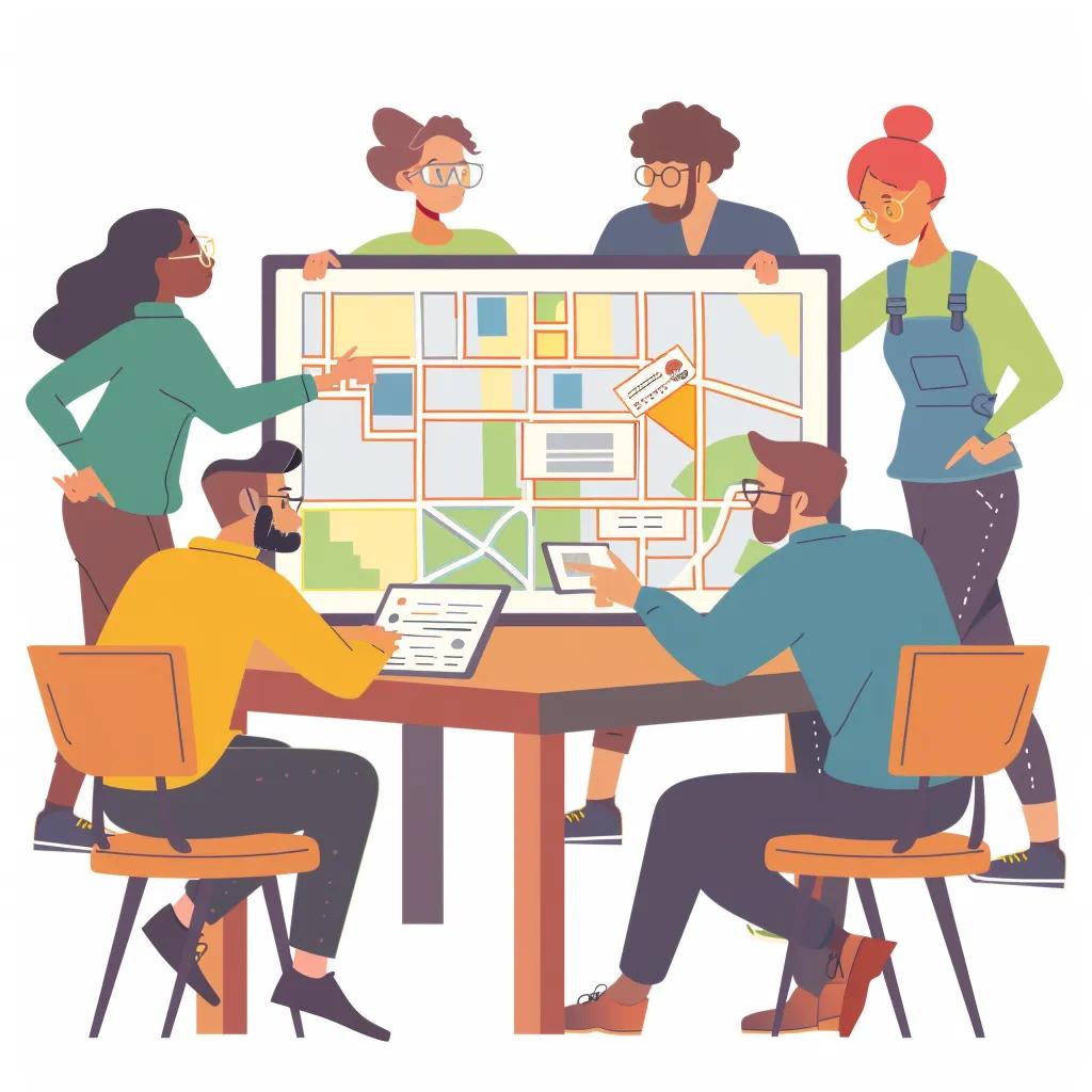 Marketers collaborating on local PPC campaign strategies with geotargeting maps