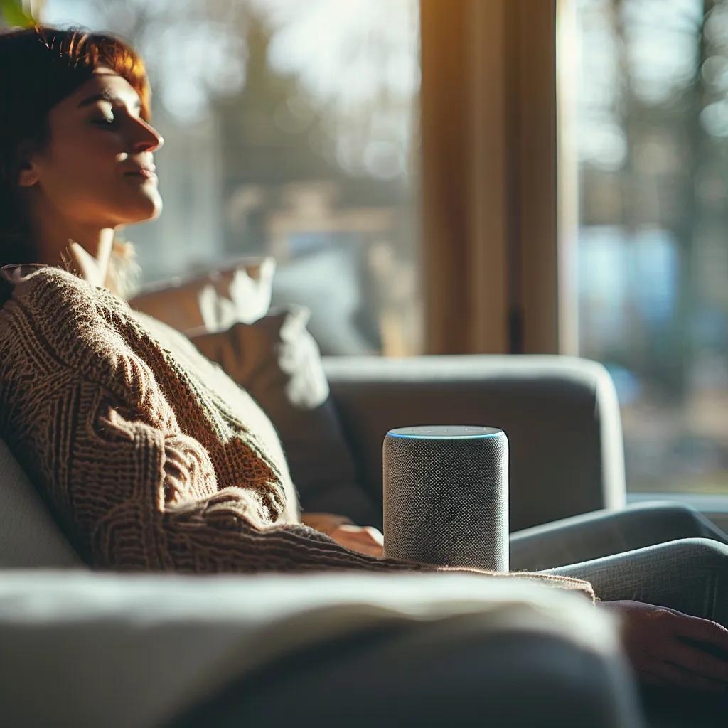 Person using a smart speaker for voice search in a cozy home environment